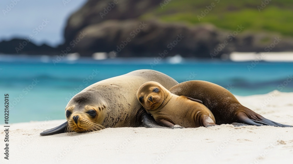 Fototapeta premium Mother and Pup Seals Relaxing on Sandy Beach