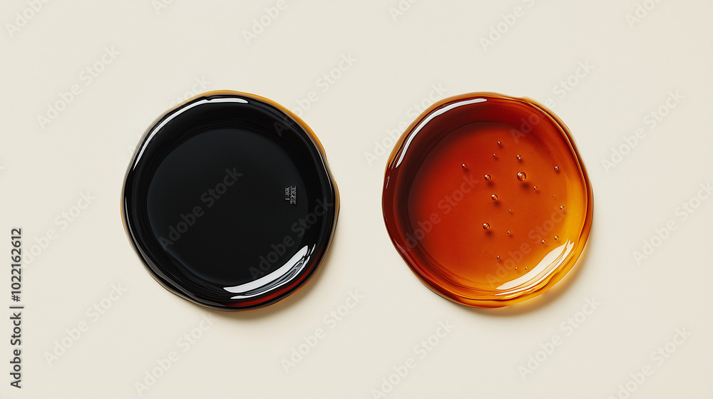 soy sauce or vinegar: a close-up, top-down view of soy sauce and vinegar in small rounded puddles, placed side by side on a light neutral background soy sauce or vinegar: a close-up, top-down view of soy sauce and vinegar in small rounded puddles, placed side by side on a light neutral background