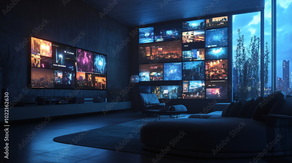 Immersive futuristic living spaces with multi-screen digital displays Immersive futuristic living spaces with multi-screen digital displays