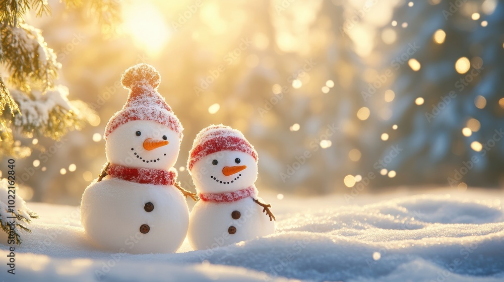 Fototapeta premium Cute snowman in heavy snow covered wild field at sunrise