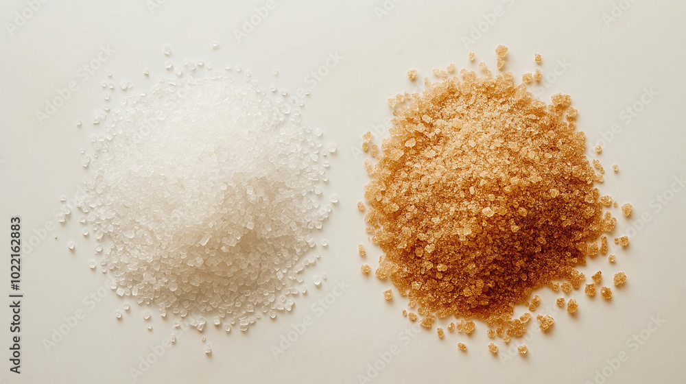 sugar or brown sugar: a close-up, top-down view of granulated sugar and brown sugar in small piles, side by side on a light, neutral background sugar or brown sugar: a close-up, top-down view of granulated sugar and brown sugar in small piles, side by side on a light, neutral background