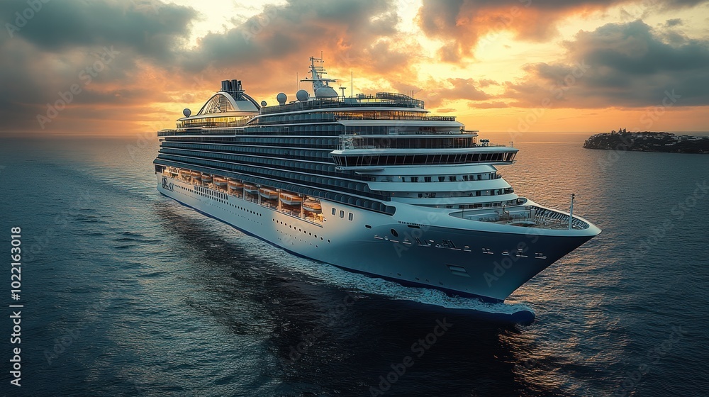 A cruise ship sailing during sunset on calm waters.