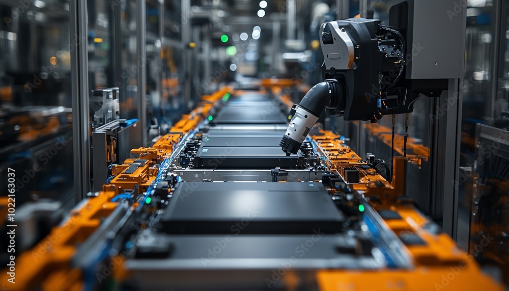 An upclose look at the assembly line for electric vehicle battery cells, featuring automated machinery and advanced manufacturing techniques An upclose look at the assembly line for electric vehicle battery cells, featuring automated machinery and advanced manufacturing techniques