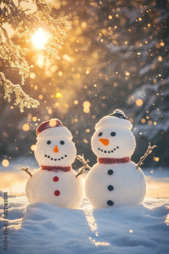 Cute snowman in heavy snow covered wild field at sunrise Cute snowman in heavy snow covered wild field at sunrise