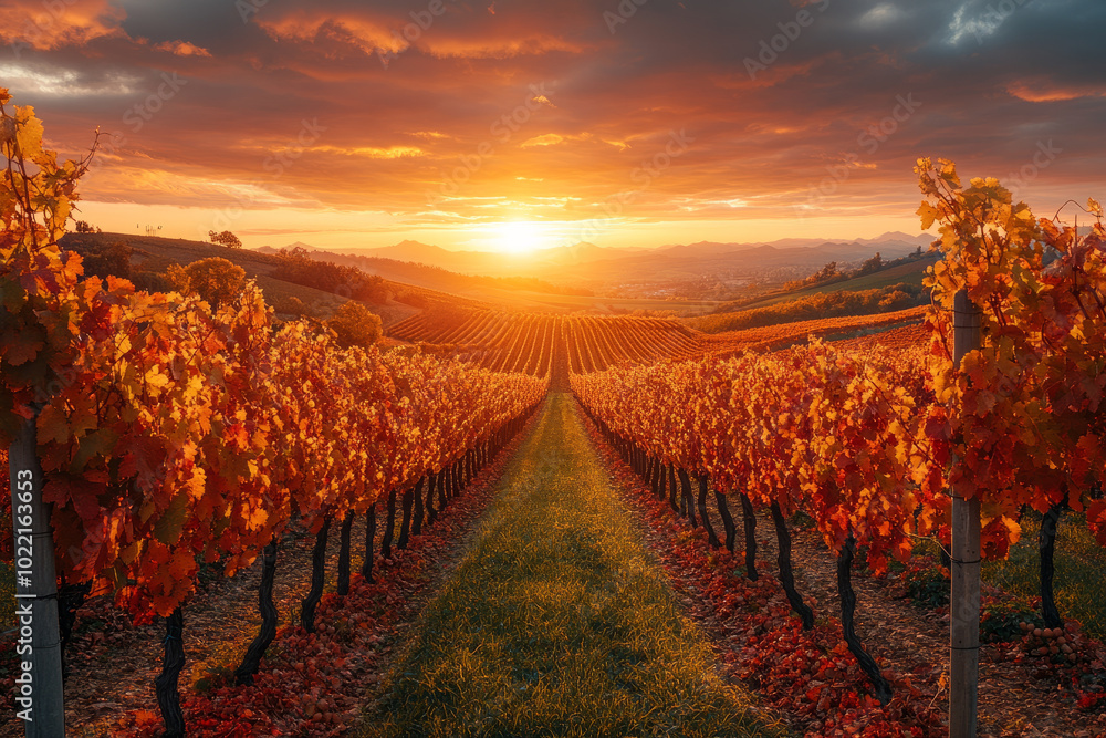 Fototapeta premium A row of grape vines with a sunset in the background