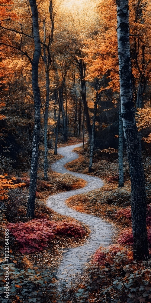 Fototapeta premium A winding path through a forest with vibrant autumn foliage. The sunlight filters through the trees, creating a magical atmosphere.