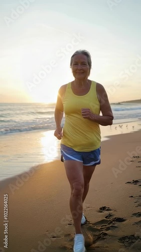 Older woman jogging along the beach at sunrise