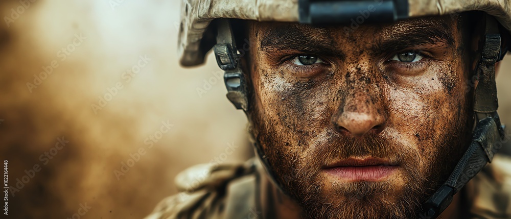 Closeup of modern soldiers in tactical attire, looking directly at the camera, dust and smog creating a dramatic backdrop Closeup of modern soldiers in tactical attire, looking directly at the camera, dust and smog creating a dramatic backdrop