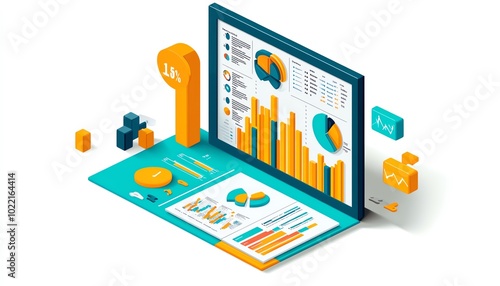 Business presentation data report illustration, isometric view, isolated on white background, modern design, vibrant colors, clean lines, professional layout