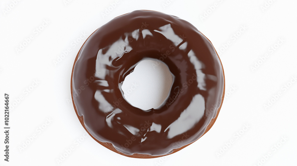 top down view, the image displays a chocolate-covered donut placed in the center of a white background
