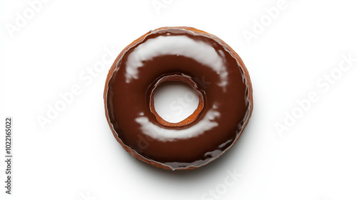 top down view, the image features a chocolate-covered donut placed in the center of a white background