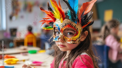 Kindergartener participating in a craft day making paper mache masks and decorating them with paint and feathers photo