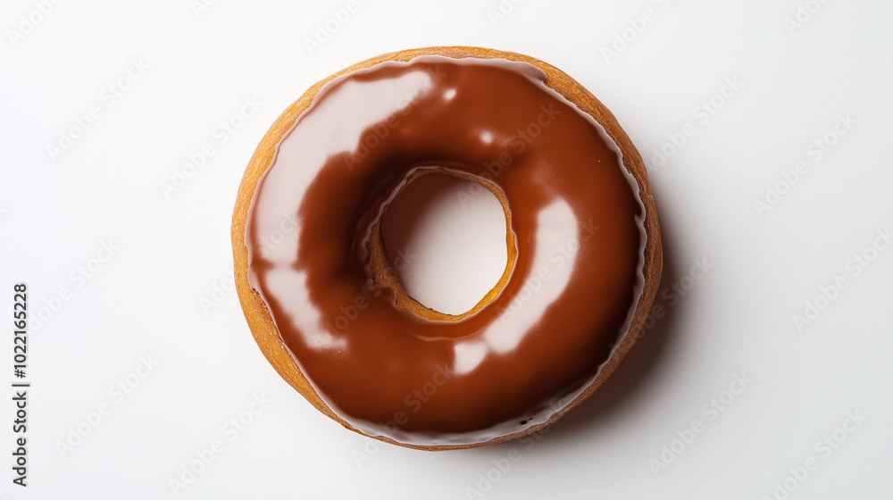 top down view, the image presents a chocolate-covered donut placed in the center of a white background top down view, the image presents a chocolate-covered donut placed in the center of a white background