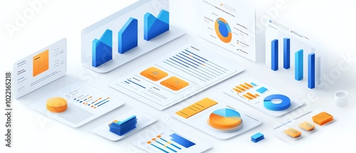 Isometric data report illustration for business presentation, includes diverse graphs and charts, isolated on white background, professional aesthetic