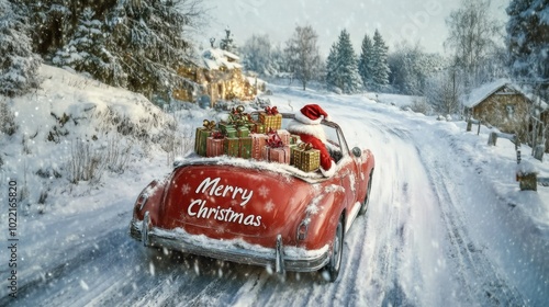 Vintage red convertible with santa driving through snowy landscape, gifts in backseat, cozy cabin, winter wonderland, merry christmas and happy new year