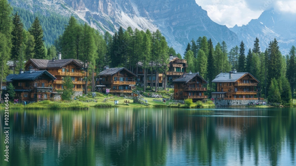 A serene mountain village with wooden cabins nestled along the edge of a crystal clear lake, surrounded by towering peaks and lush forest.
A serene mountain village with wooden cabins nestled along the edge of a crystal clear lake, surrounded by towering peaks and lush forest.
