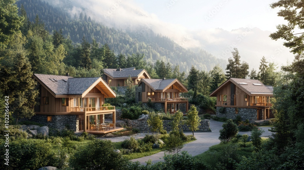 A series of wooden mountain chalets with stone foundations, set in a peaceful forest environment, surrounded by lush greenery and scenic views.
A series of wooden mountain chalets with stone foundations, set in a peaceful forest environment, surrounded by lush greenery and scenic views.