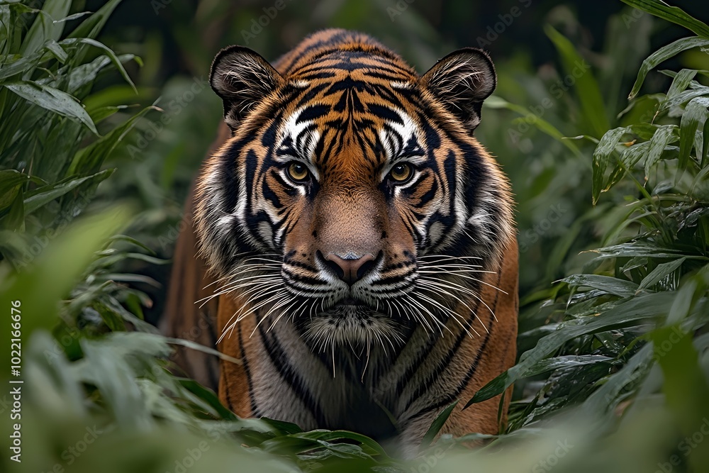 Fototapeta premium A majestic tiger stares intently from within a lush green jungle, its powerful presence captivating the viewer.