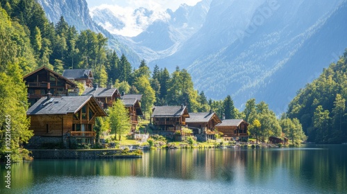 A serene mountain village with wooden cabins nestled along the edge of a crystal clear lake, surrounded by towering peaks and lush forest. 