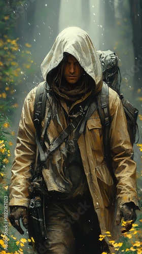 Hooded Man Walking Through a Misty Forest