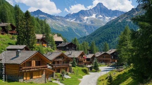 A scenic mountain village of wooden chalets spread across a green valley, surrounded by trees and distant peaks, basking in the warm sunlight.

