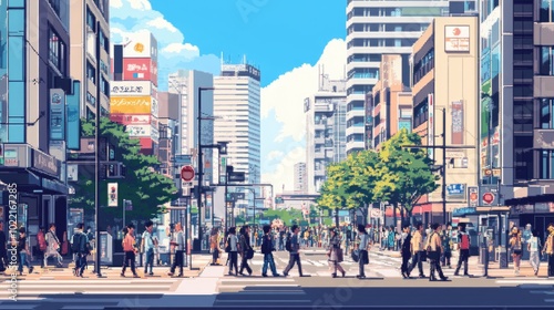 Wallpaper Mural A bustling 8-bit city during a hot summer day, with people walking, tall buildings, and bright sunlight reflecting off skyscrapers Torontodigital.ca