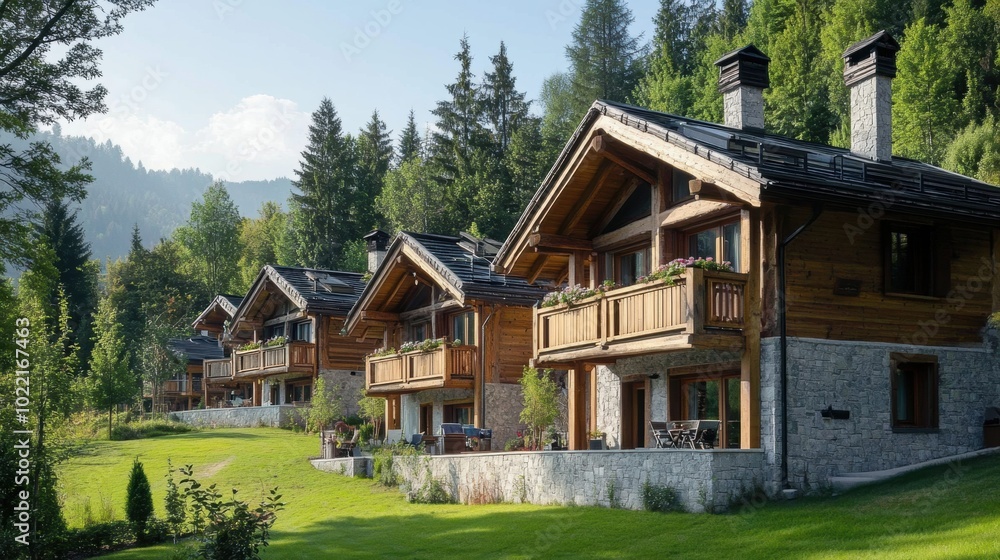 A series of wooden mountain chalets with stone foundations, set in a peaceful forest environment, surrounded by lush greenery and scenic views.
A series of wooden mountain chalets with stone foundations, set in a peaceful forest environment, surrounded by lush greenery and scenic views.