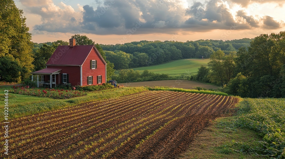 Serene rural landscape with a red farmhouse and cultivated fields. Serene rural landscape with a red farmhouse and cultivated fields.