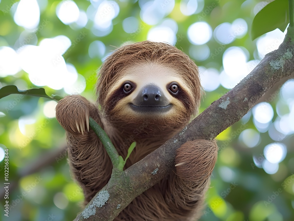 Fototapeta premium A cute sloth hanging on a branch with a big smile. It's looking directly at the camera.