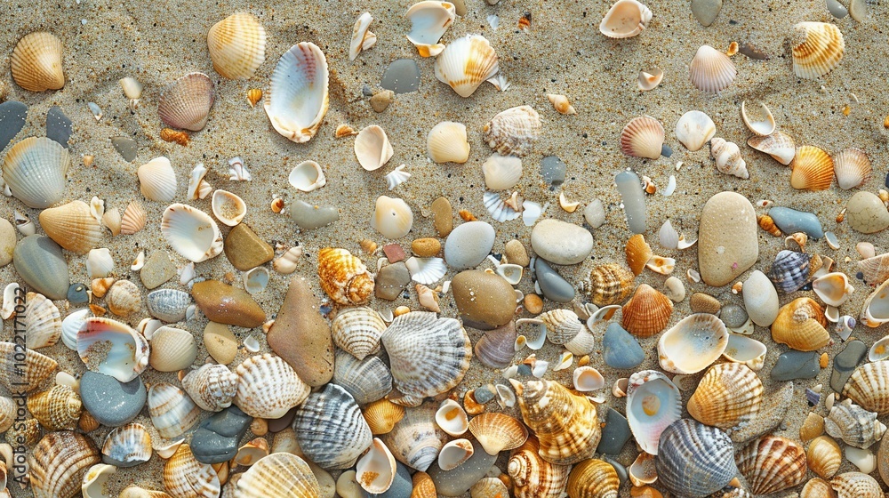 Assortment of Seashells and Pebbles on Sandy Beach Assortment of Seashells and Pebbles on Sandy Beach