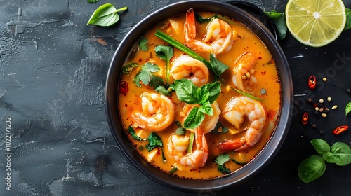 Spicy Thai soup with coconut milk lemongrass and shrimp served in a traditional bowl