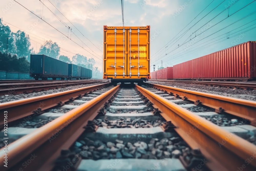 Naklejka premium A single cargo container sits on a train track. This photo can be used to illustrate topics such as global shipping, logistics, or transportation.