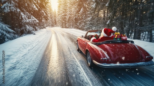 Santa claus driving a vintage red convertible through a snowy forest with gifts, celebrating merry christmas and happy new year photo