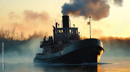 Dynamic Tugboat with Captain at the Helm, Emitting Smoke from the Chimney, Capturing the Spirit of Maritime Work and Navigation in a Busy Harbor Environment photo