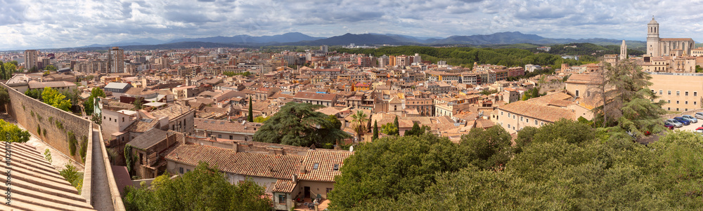 Panoramic View of Girona's Historic Old Town and Cathedral, Spain Panoramic View of Girona's Historic Old Town and Cathedral, Spain