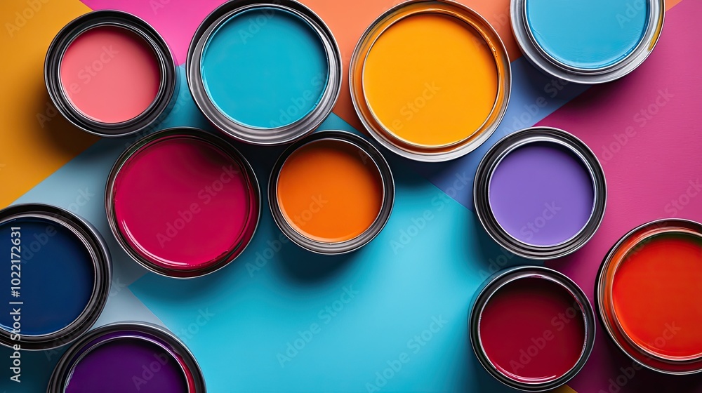 Paint cans in various colors. This image can be used to showcase the different colors available for your DIY project. Paint cans in various colors. This image can be used to showcase the different colors available for your DIY project.