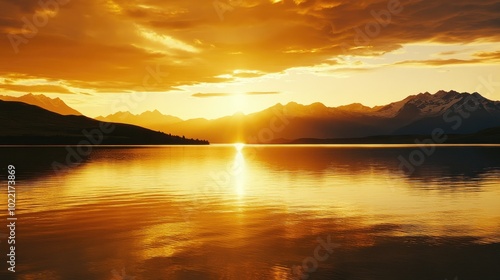 Serene Sunset Over Mountain Lake Reflection