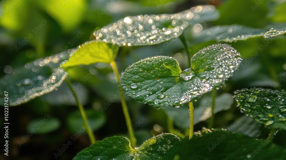 Fresh Green Leaves with Dew Drops in Morning Light Fresh Green Leaves with Dew Drops in Morning Light