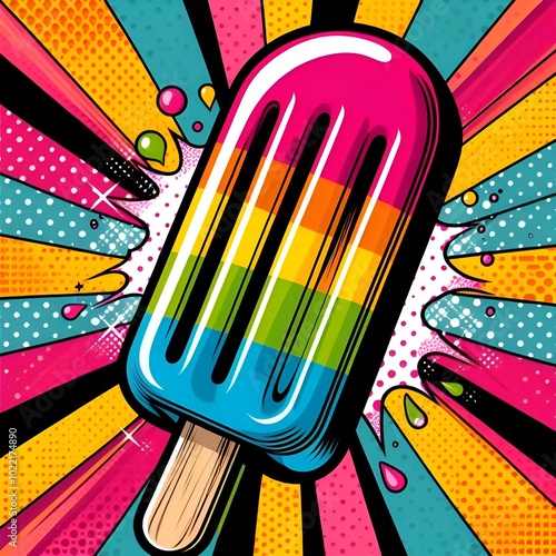 colorful popsicle bright pop art style with gradient rays bursting with rainbow colors

