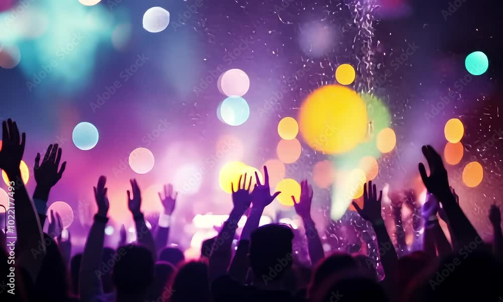 Vibrant Concert Crowd with Confetti and Colorful Lights, Live Music Celebration, Festival Party Atmosphere, Exciting Nightlife Event, Crowd Enjoying Performance, New Year or Celebration Event Vibrant Concert Crowd with Confetti and Colorful Lights, Live Music Celebration, Festival Party Atmosphere, Exciting Nightlife Event, Crowd Enjoying Performance, New Year or Celebration Event