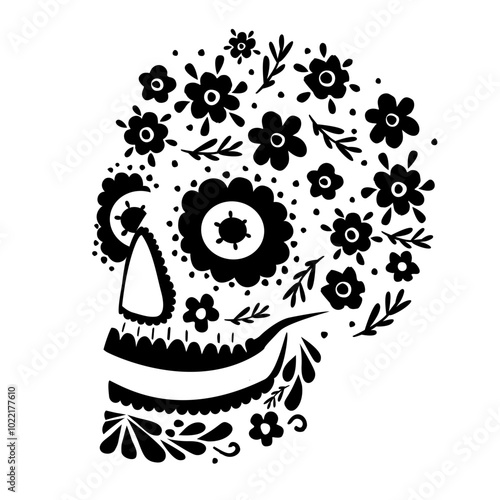 Floral sugar skull with flowers. The Day of the Dead. Beautiful black and white illustration.