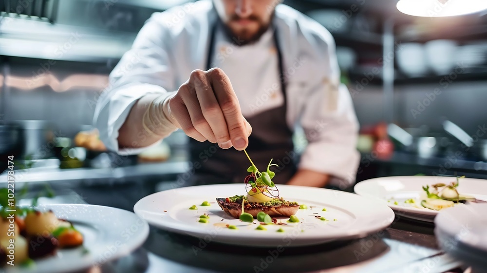 Chef in a professional kitchen plating a sophisticated dish with precision garnishing it with microgreens Chef in a professional kitchen plating a sophisticated dish with precision garnishing it with microgreens