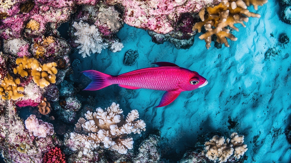 Obraz premium Vibrant Overhead View of a Pink Fish Gliding Over a Colorful Coral Bed, Showcasing the Striking Contrast of Bright Colors Against Rich Blue Water, Capturing the Beauty of Underwater Life