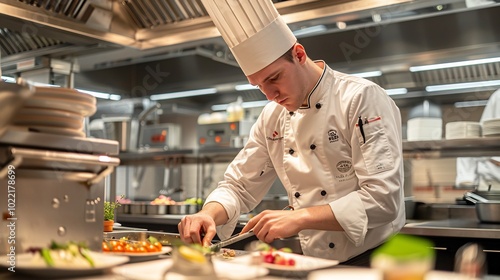 Chef in action preparing a gourmet meal with precision and flair in a stateoftheart kitchen