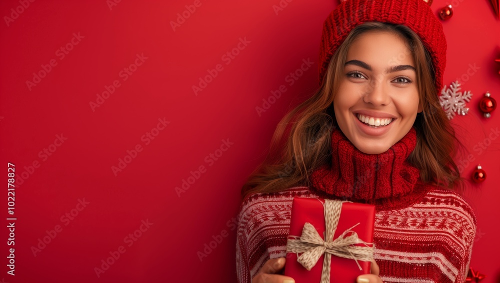 Experience festive joy as a happy woman in a red Christmas sweater holds a gift box. Celebrate the season with smiles and warmth, spreading happiness and cheer during this yuletide Experience festive joy as a happy woman in a red Christmas sweater holds a gift box. Celebrate the season with smiles and warmth, spreading happiness and cheer during this yuletide
