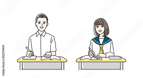 机に向かって勉強をする高校生の男女のイラスト