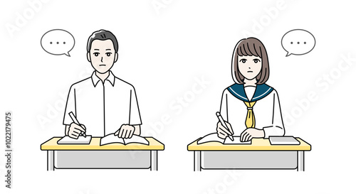 机に向かって黙々と勉強をする高校生の男女のイラスト