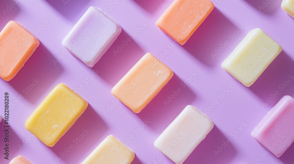 a background of various solid soaps arranged symmetrical with soft shadow effects, creating a sense of depth, on a soft purple background a background of various solid soaps arranged symmetrical with soft shadow effects, creating a sense of depth, on a soft purple background