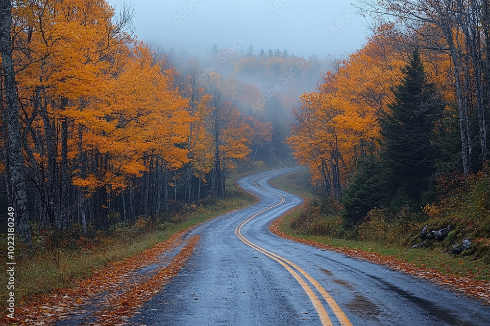 A road with trees on both sides and a yellow line A road with trees on both sides and a yellow line