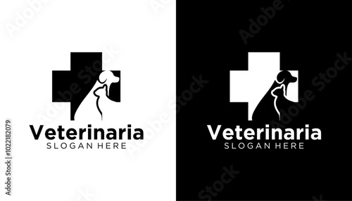 pet clinic animal cross health logo design template. cat and dog vector silhouette illustration